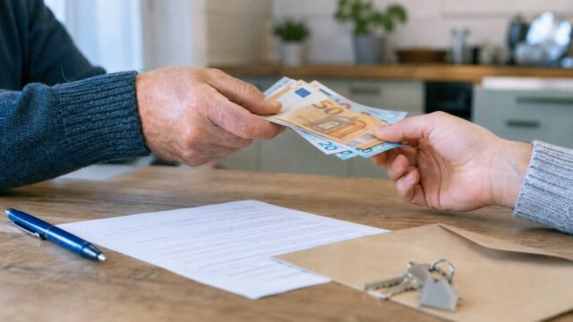 Angehöriger übergibt Euro-Scheine neben privatem Darlehensvertrag und Wohnungsschlüsseln als Symbol für beim Wohngeld angerechnete Familienhilfe