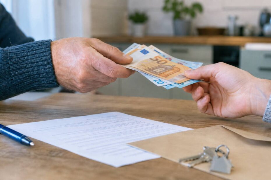 Angehöriger übergibt Euro-Scheine neben privatem Darlehensvertrag und Wohnungsschlüsseln als Symbol für beim Wohngeld angerechnete Familienhilfe