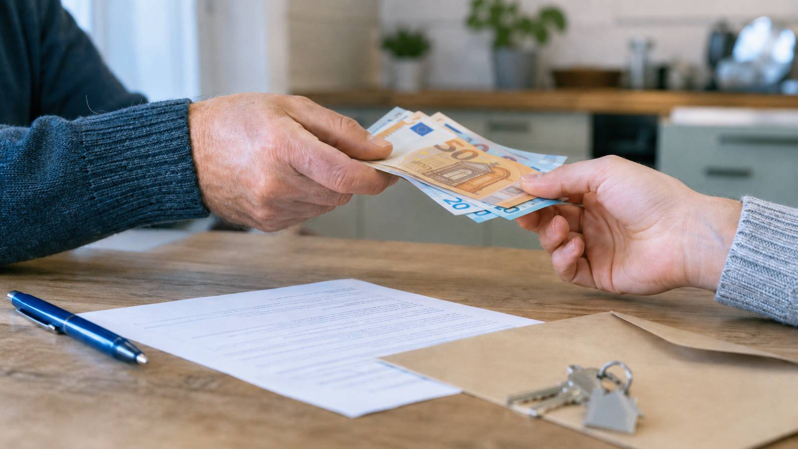 Angehöriger übergibt Euro-Scheine neben privatem Darlehensvertrag und Wohnungsschlüsseln als Symbol für beim Wohngeld angerechnete Familienhilfe