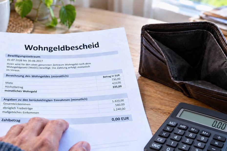Wohngeldbescheid mit bewilligtem Zuschuss, Zahlbetrag von 0 Euro, leerer Geldbörse und Taschenrechner