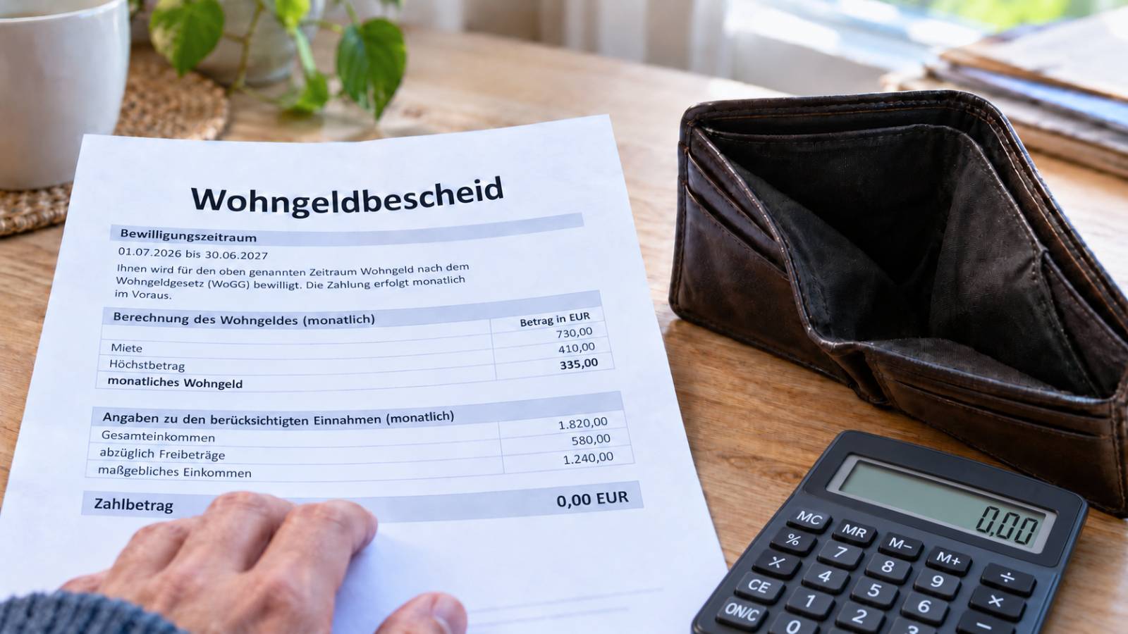 Wohngeldbescheid mit bewilligtem Zuschuss, Zahlbetrag von 0 Euro, leerer Geldbörse und Taschenrechner