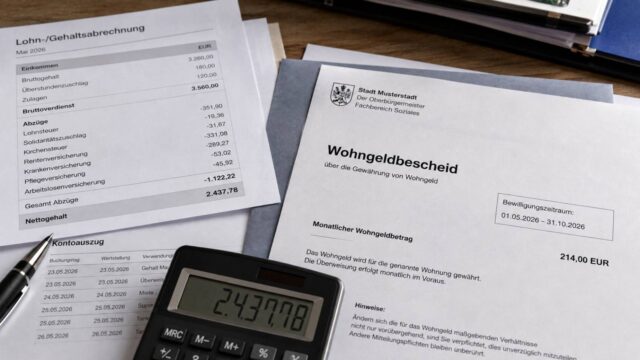Wohngeldbescheid neben Lohnabrechnung, Kontoauszug und Taschenrechner auf einem Schreibtisch