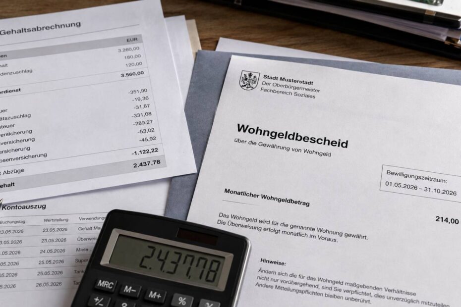 Wohngeldbescheid neben Lohnabrechnung, Kontoauszug und Taschenrechner auf einem Schreibtisch