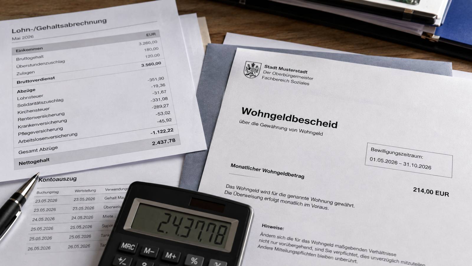 Wohngeldbescheid neben Lohnabrechnung, Kontoauszug und Taschenrechner auf einem Schreibtisch