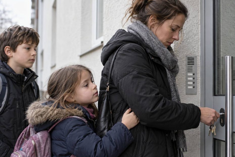 Eine Mutter schließt mit zwei Kindern die Tür eines Wohnhauses auf.
