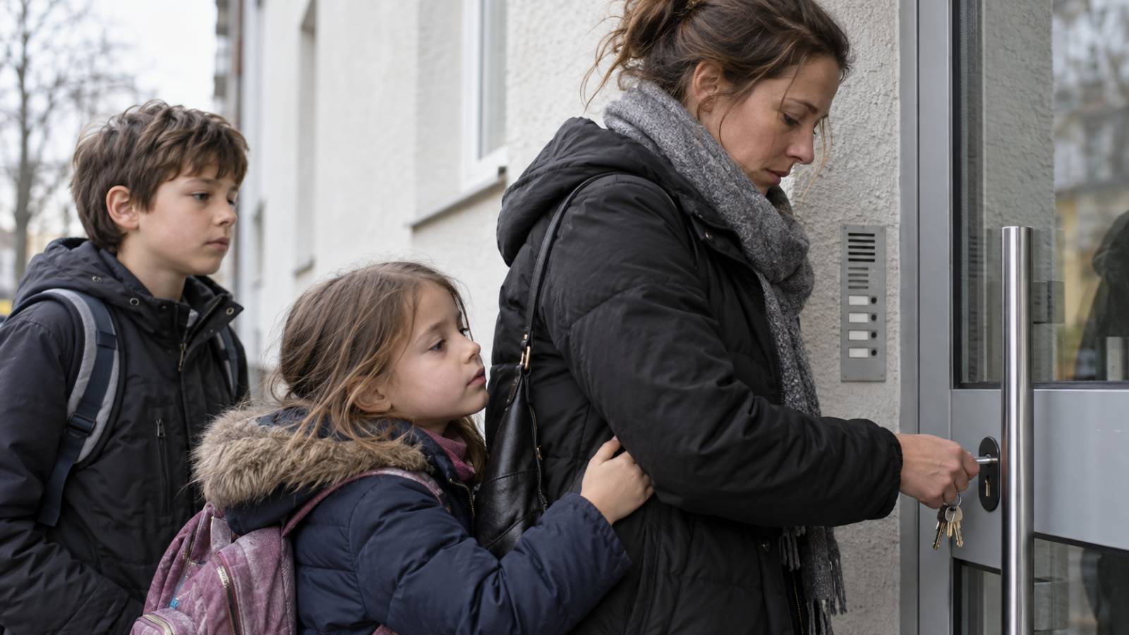 Eine Mutter schließt mit zwei Kindern die Tür eines Wohnhauses auf.
