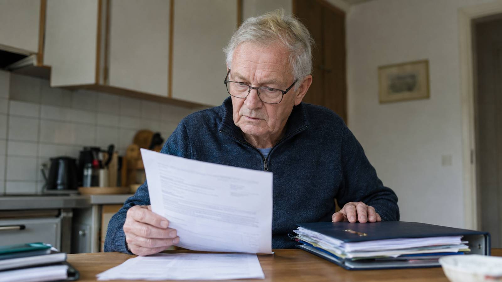 Älterer Mann prüft am Küchentisch Unterlagen zu seinem Wohngeldantrag und seinen Ersparnissen.