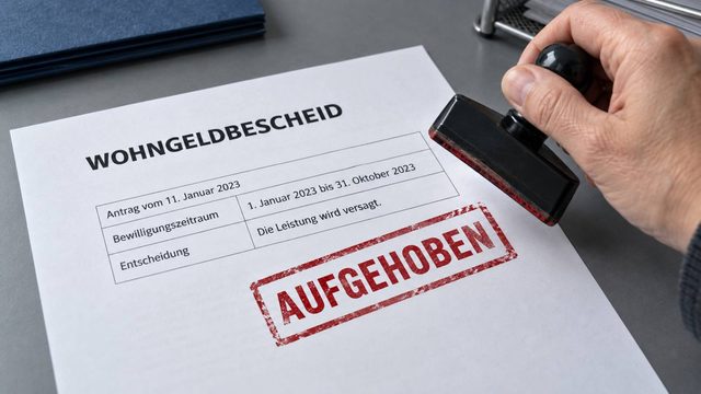 Wohngeldbescheid mit rotem Stempel „Aufgehoben“