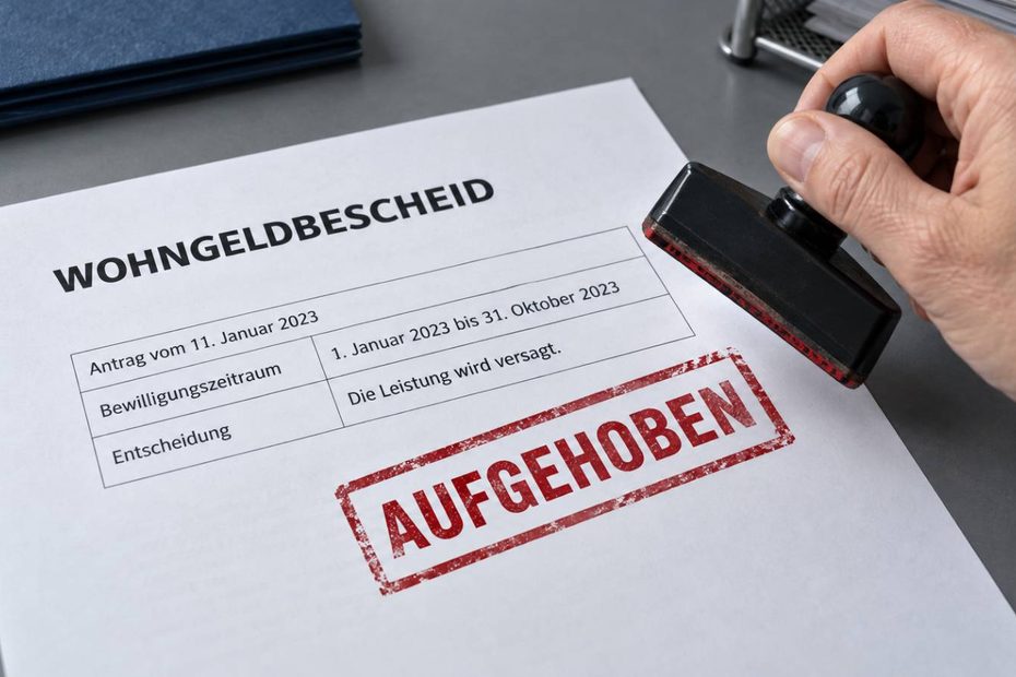 Wohngeldbescheid mit rotem Stempel „Aufgehoben“